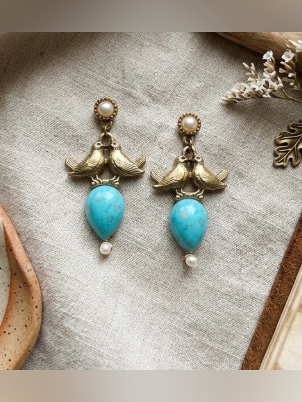 Vintage Kissing Birds Turquoise Cabochon Pearl Drop Earrings Victorian Revival